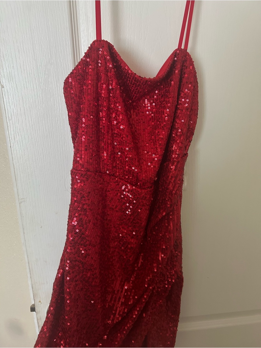 Red Sequin Strapless Evening Dress